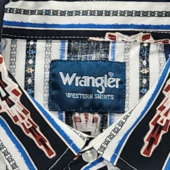 Wrangler Western Shirt Mens XL Black Aztec Stripe Pearl Snap Long Sleeve Cotton - Picture 8 of 14